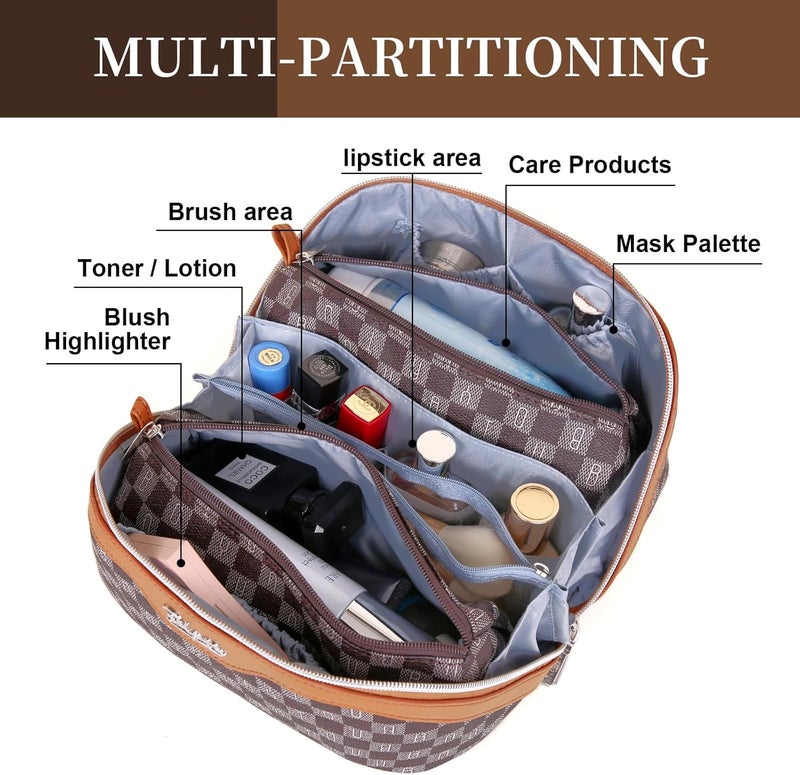 BOYATU Travel Makeup Bag Organizer Cosmetic Bag: 3 Pcs Set Make up Bags for Women with Handle - Waterproof Vegan Leather Toiletry Bags Travel Essentials Pouch with Compartments (H-01-Brown) - Image 2
